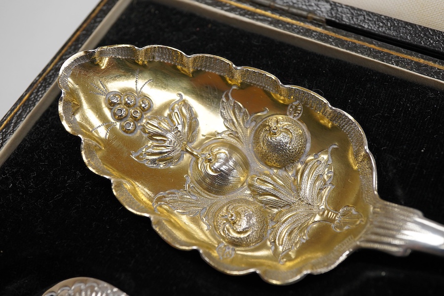 A matched pair of George III silver berry spoons, Dublin, 1808/9, one maker Kelly, the other John Power, 21.5cm, in later fitted case, together with a cased pair of George III Old English pattern berry spoons, London, 17